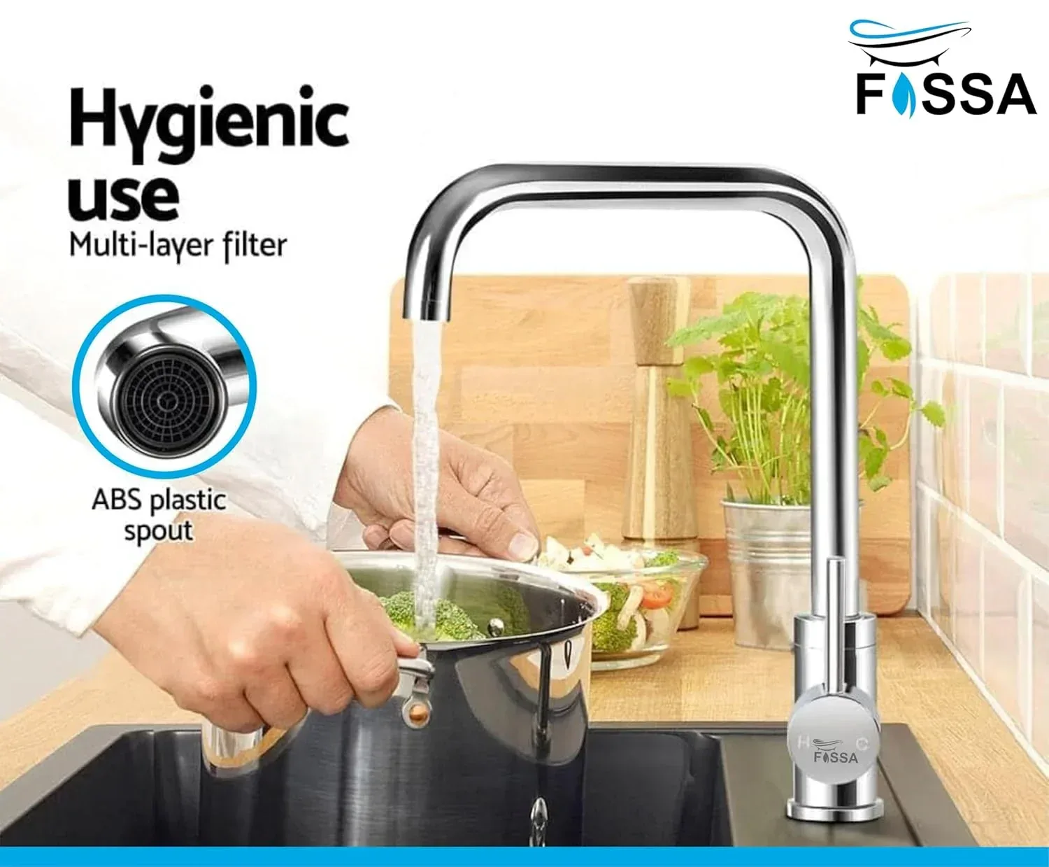 Fossa L Bend Faucet Kitchen Tap, 360° Sink Mixer Taps Spray Head Rotating Faucet Water Aerator for Home Bathroom Laundry, Body Hot and Cold Switch (Chrome Finish) - Image 3