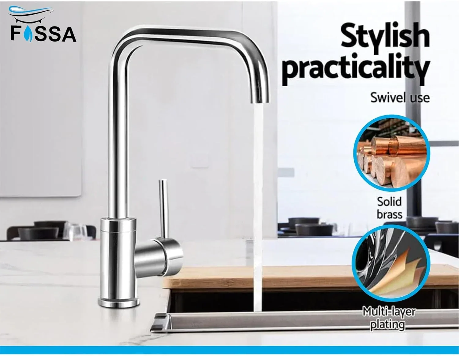 Fossa L Bend Faucet Kitchen Tap, 360° Sink Mixer Taps Spray Head Rotating Faucet Water Aerator for Home Bathroom Laundry, Body Hot and Cold Switch (Chrome Finish) - Image 4