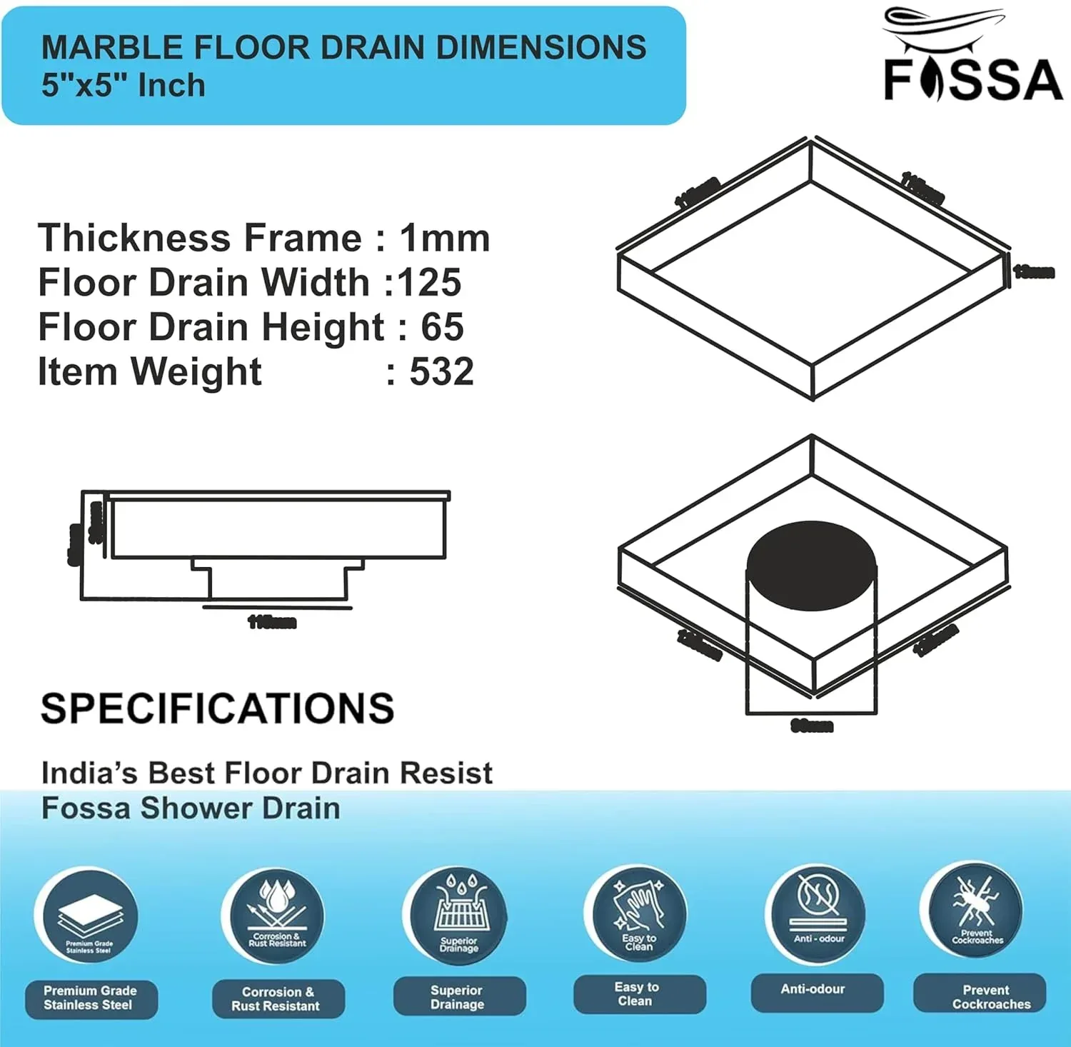 Marble Floor Drain (5 x 5 Inches) 304-Grade Stainlees Steel - Image 2