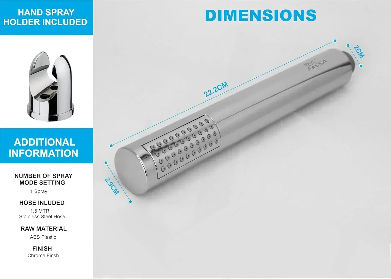 Peak Abs Chrome Finish Hand Shower With 1.5 Meter 304- Grade Stainless Steel Hose Pipe & Hook - Image 2