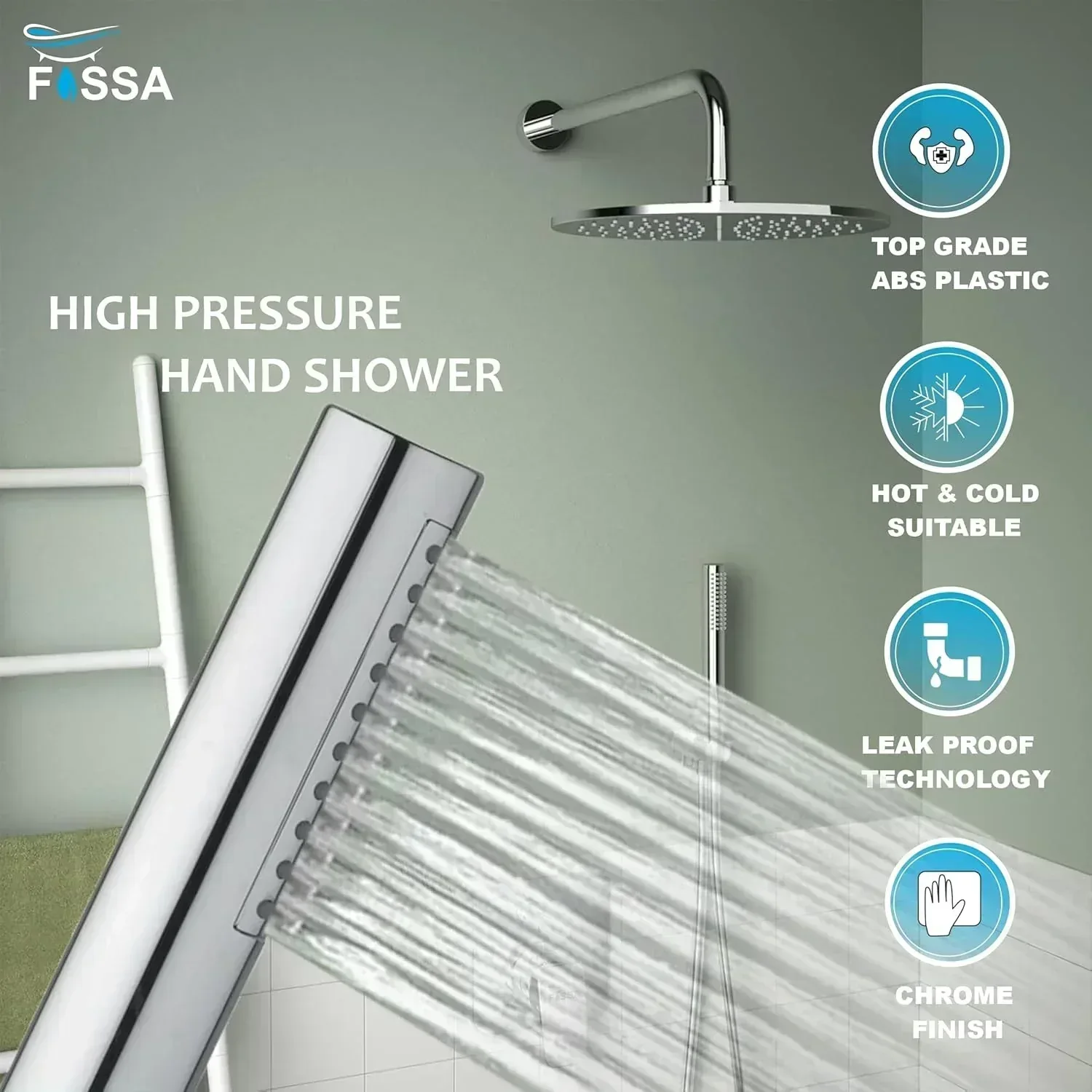 Peak Abs Chrome Finish Hand Shower With 1.5 Meter 304- Grade Stainless Steel Hose Pipe & Hook - Image 3