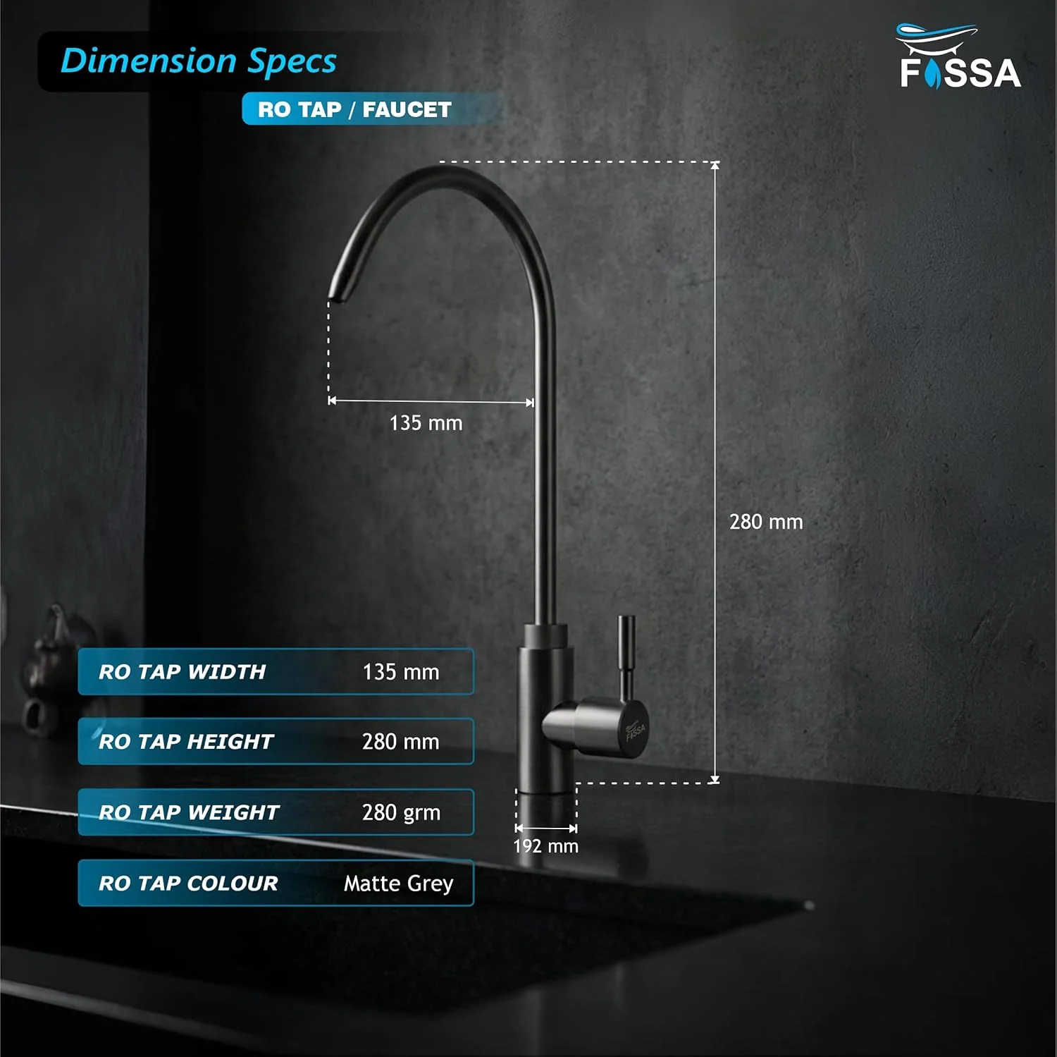 Fossa RO Tap Kitchen Water Filter Faucet - Lead-Free, 360° Swivel Grey - Image 2