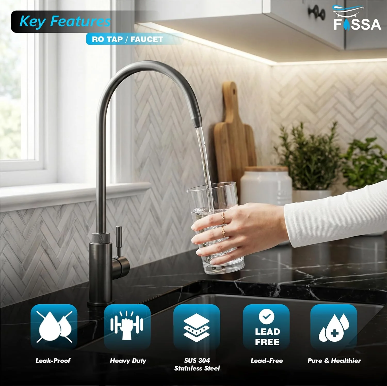 Fossa RO Tap Kitchen Water Filter Faucet - Lead-Free, 360° Swivel Grey - Image 3