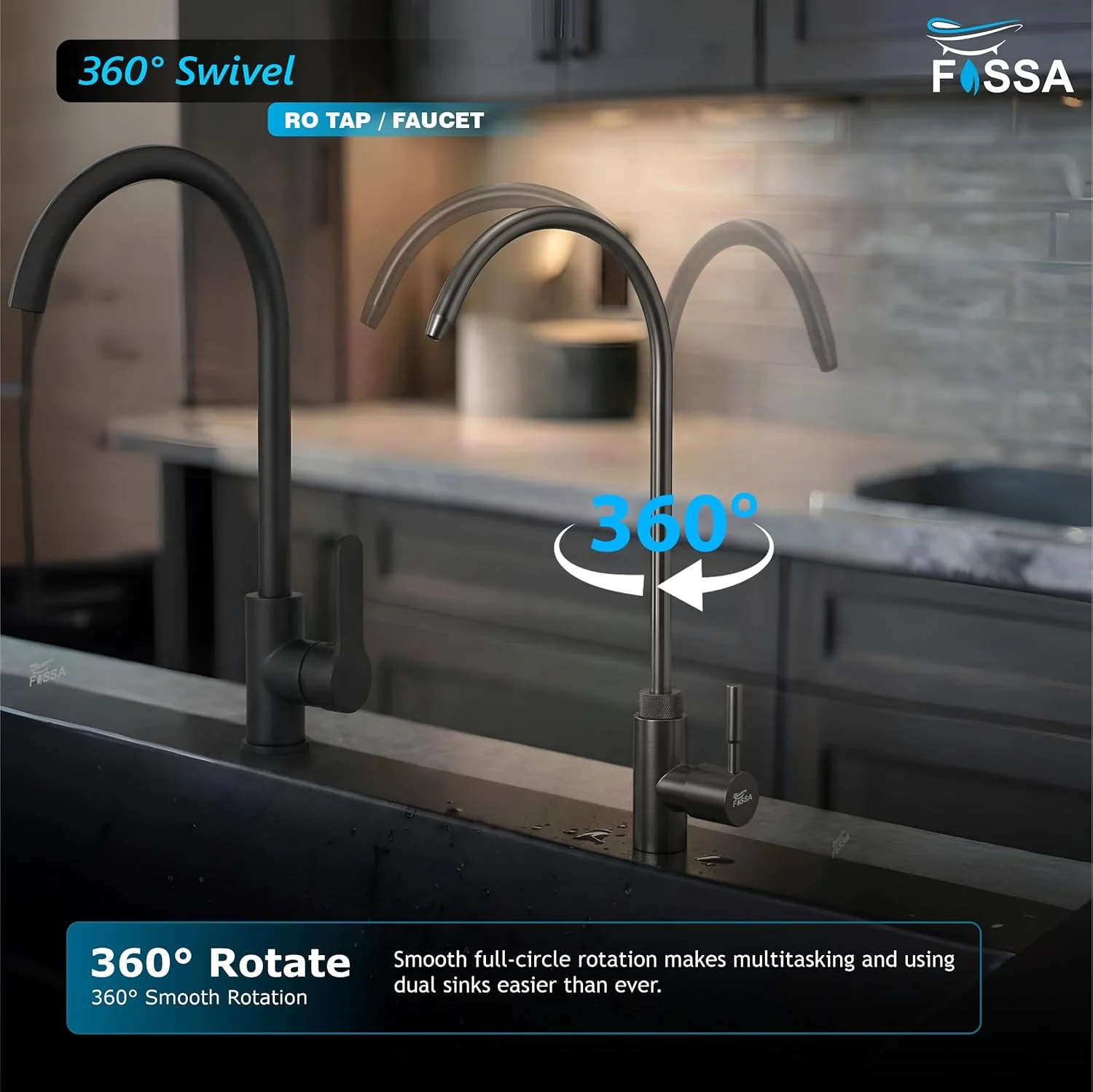 Fossa RO Tap Kitchen Water Filter Faucet - Lead-Free, 360° Swivel Grey - Image 4