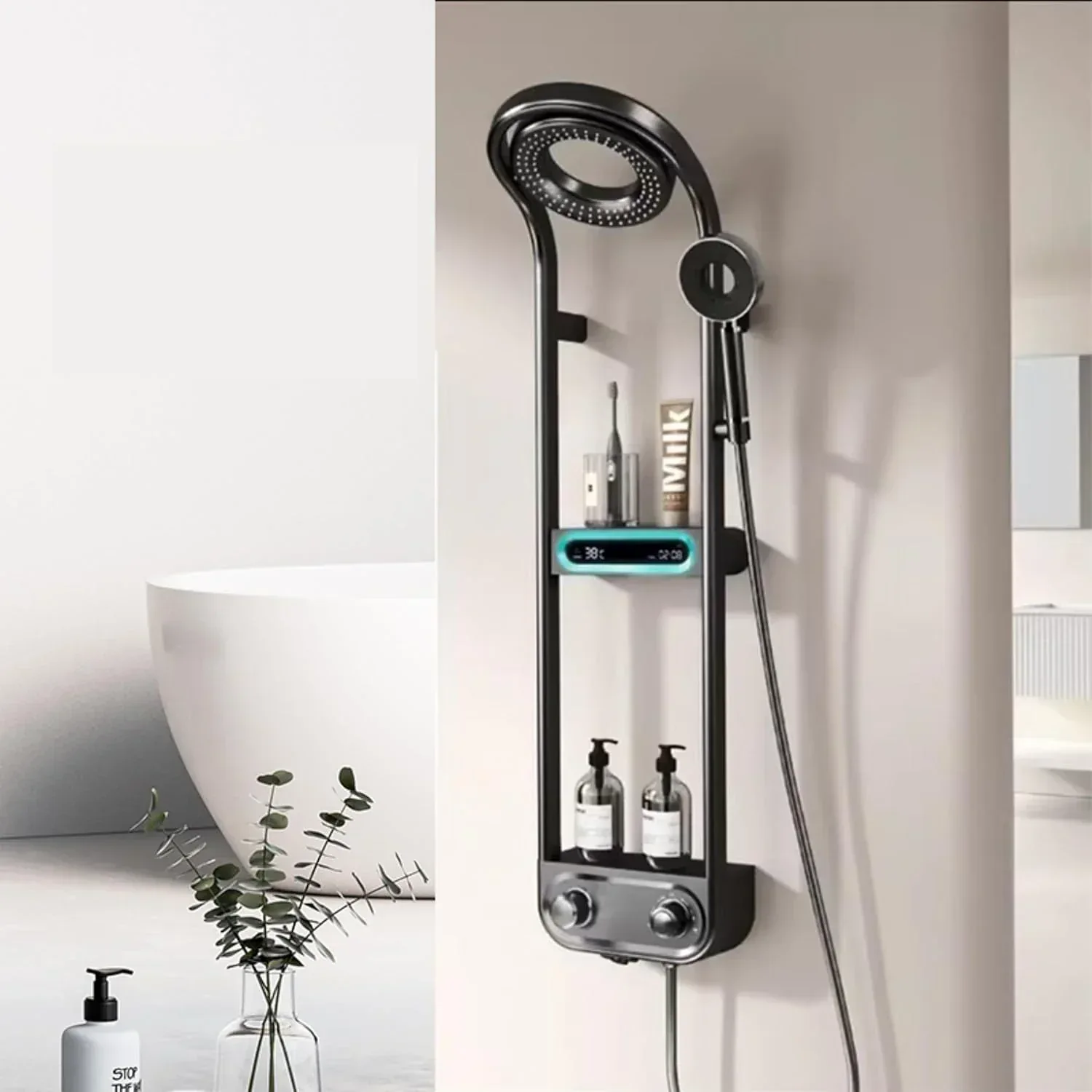 Smart Waterfall Circular 360 Degree Shower Panel Set With LED Light (Black)