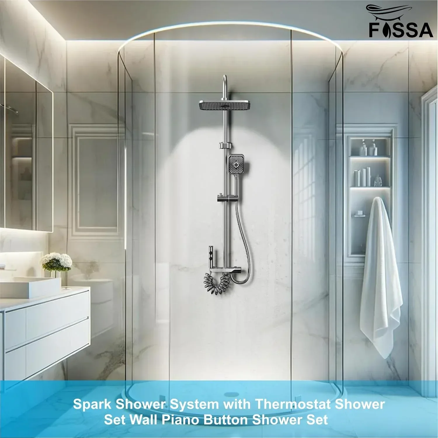 Fossa Spark Shower System with Thermostat Shower Set Wall Piano Button Shower Set Height Adjustable Rain Shower Set with Shower Fitting, 12 Inch Shower Head, Hand Shower, Bidet Spray, Gun (Grey) ( Heavy Weight ) - Image 2