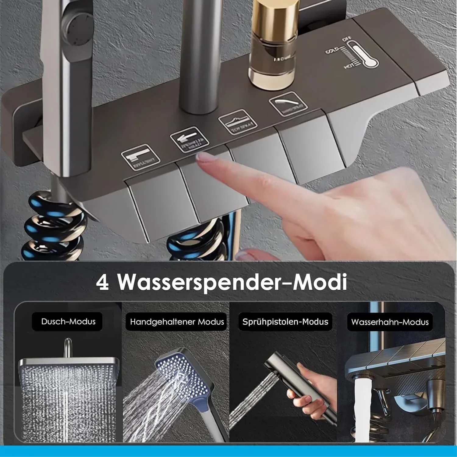 Fossa Spark Shower System with Thermostat Shower Set Wall Piano Button Shower Set Height Adjustable Rain Shower Set with Shower Fitting, 12 Inch Shower Head, Hand Shower, Bidet Spray, Gun (Grey) ( Heavy Weight ) - Image 3