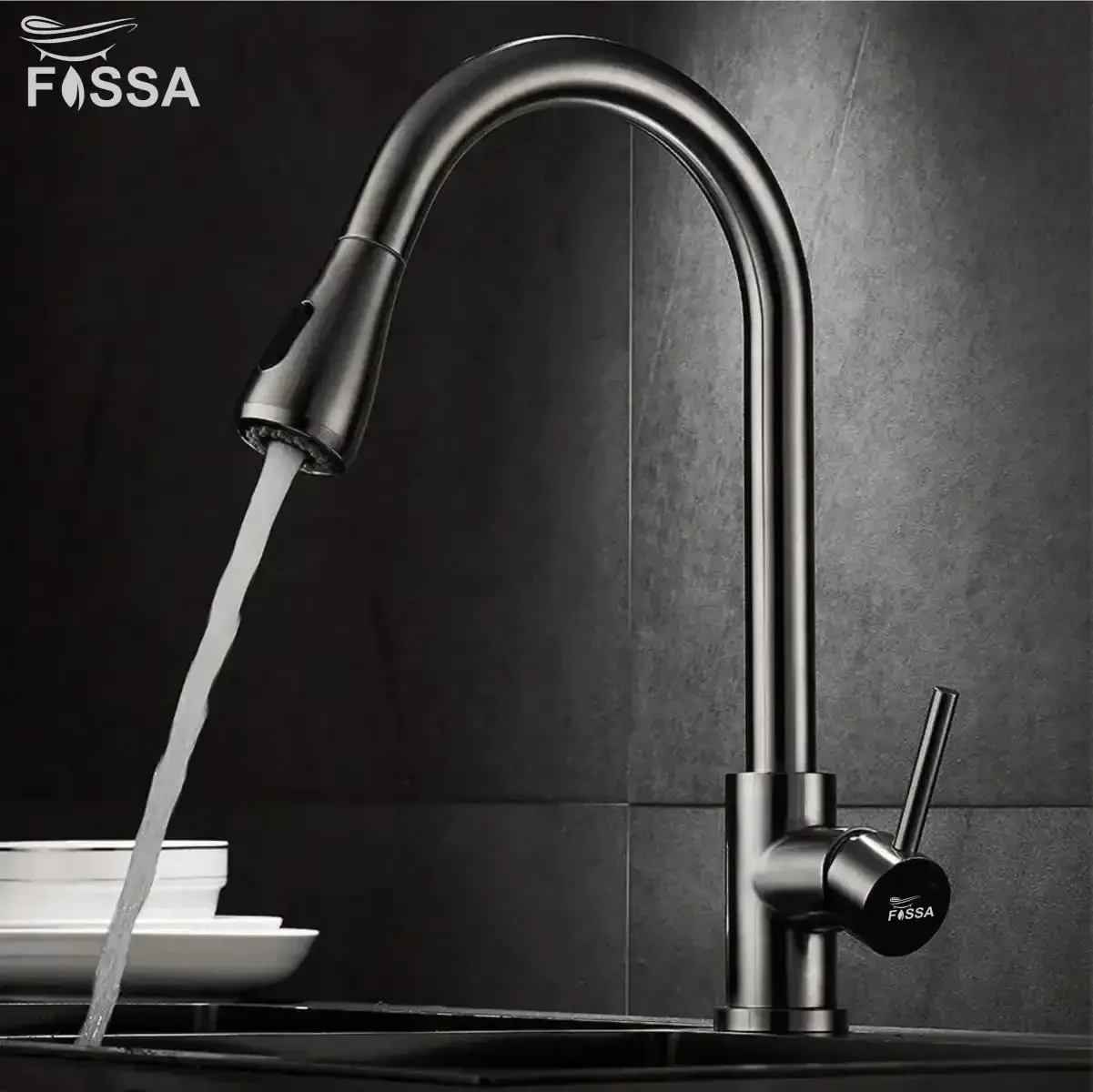 Fossa Stainless Steel Pull-Down Kitchen Mixer Tap – Silver - Image 3