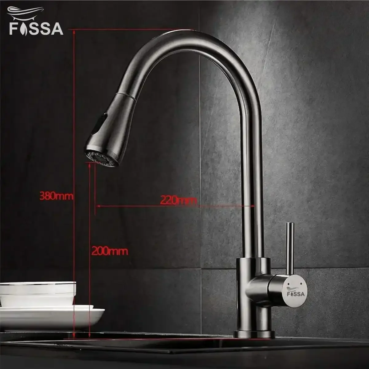 Fossa Stainless Steel Pull-Down Kitchen Mixer Tap – Silver - Image 4