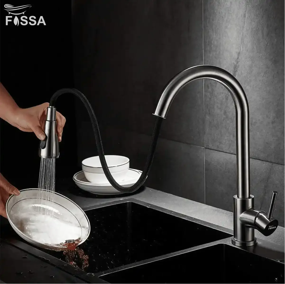 Fossa Stainless Steel Pull-Down Kitchen Mixer Tap – Silver - Image 6
