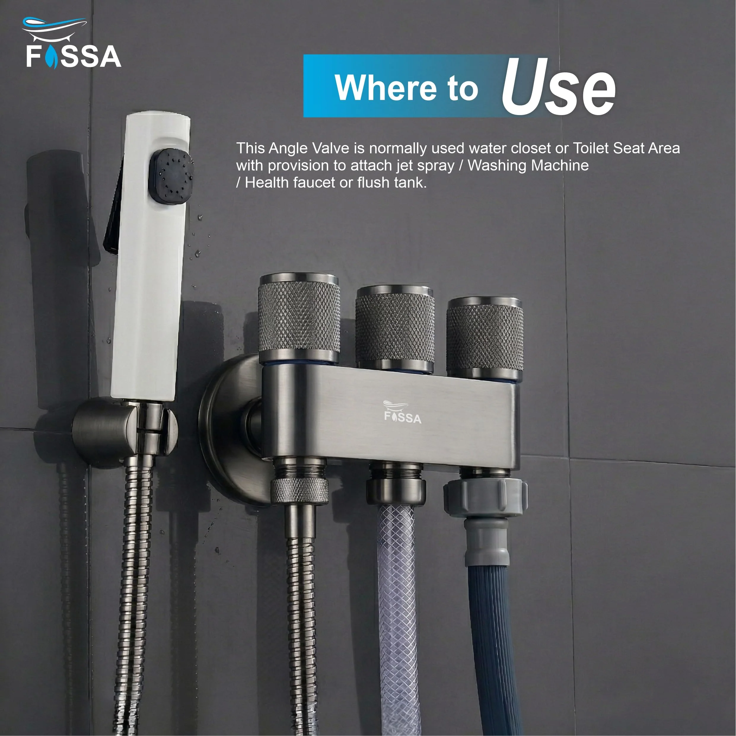 Galaxy 3  Way Grey  Stainless Steel Laundry Angle Valve With Nozzle - Image 5