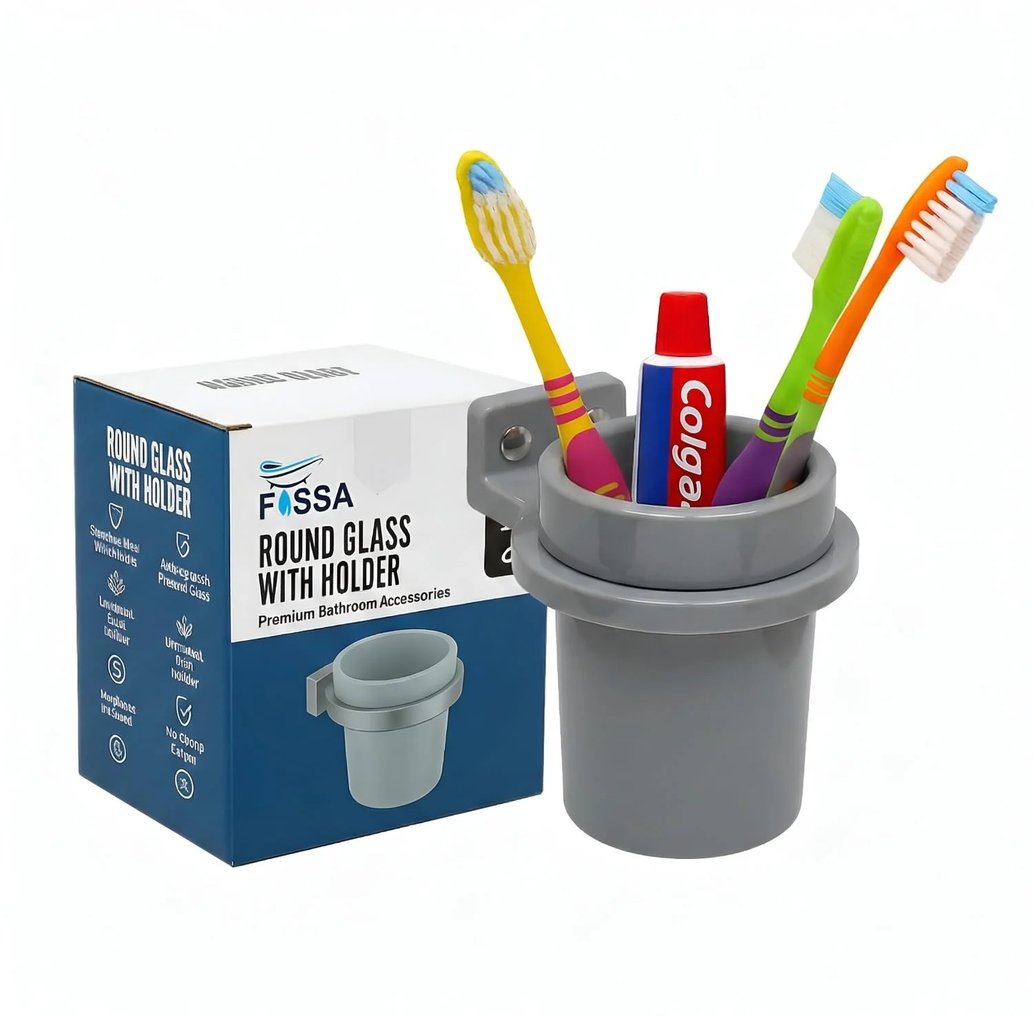 Ceramic Grey Unbreakable Brush Holder Round Glossy Finish (RG-123)