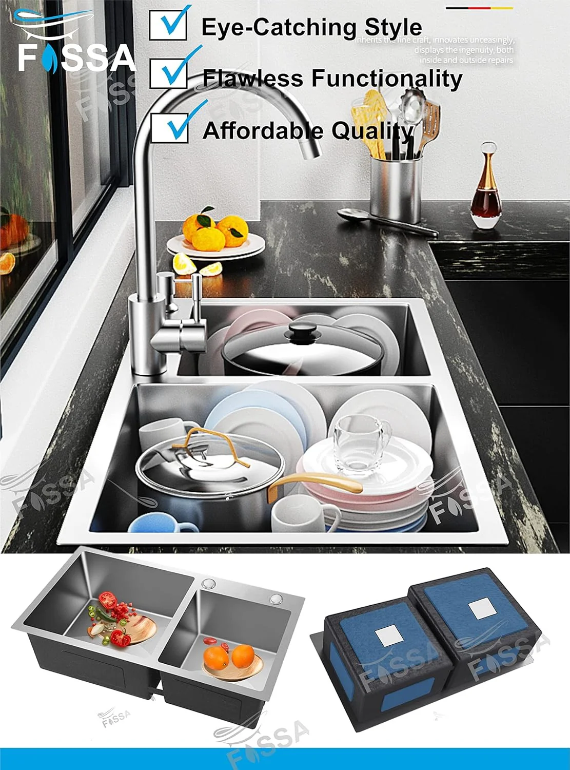 Double Bowl Tap Hole Handmade 304 Stainless Steel Kitchen Sink (37X18x10) - Image 4