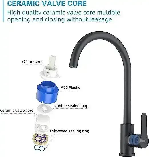 Single-Flow J Bend 360° Hot & Cold Brass Stainless Steel Kitchen Mixer Faucet Black - Image 5
