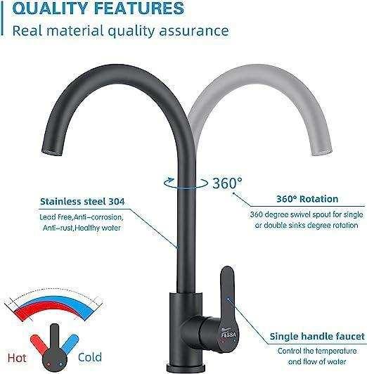 Single-Flow J Bend 360° Hot & Cold Brass Stainless Steel Kitchen Mixer Faucet Black - Image 6