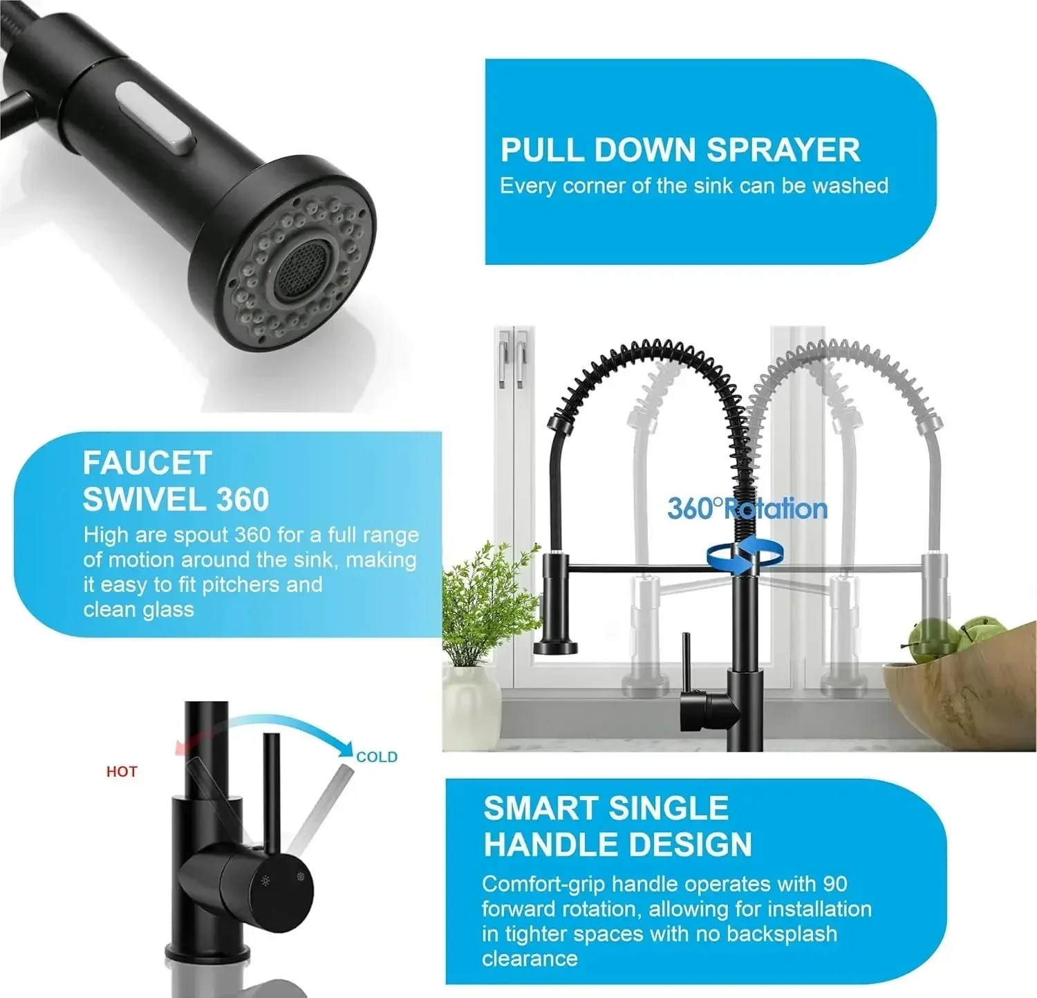 Spring Kitchen Sink Mixer Tap with Pull-Down Sprayer Black 360° Hot & Cold - Image 2