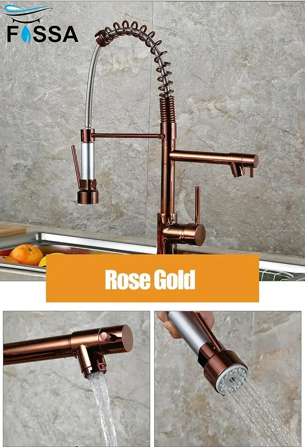 Spring Kitchen Sink Mixer Tap with Pull-Down Sprayer Rose Gold 360° Hot & Cold - Image 5