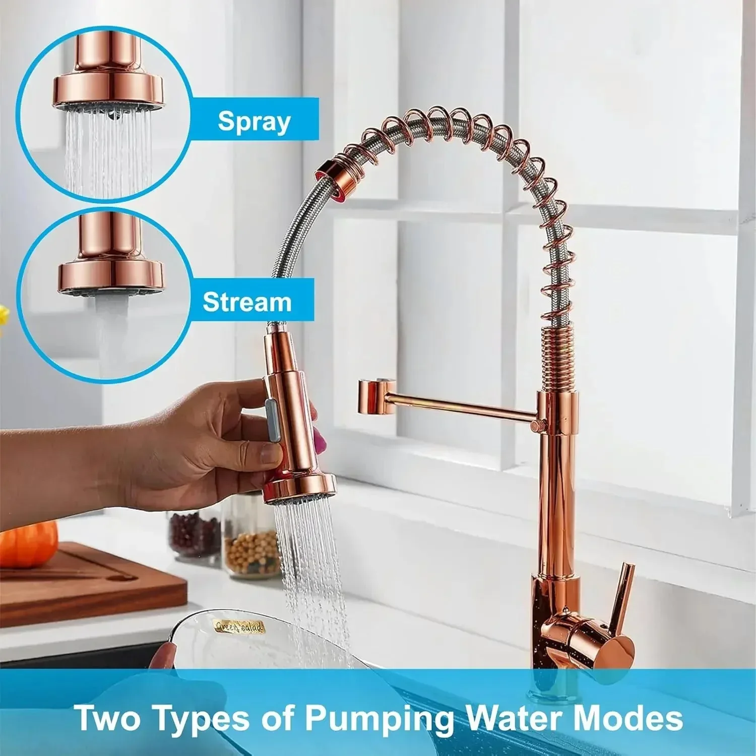Spring Kitchen Sink Mixer Tap Faucet with Pull-Down Sprayer  360° Hot & cold Rose gold - Image 2
