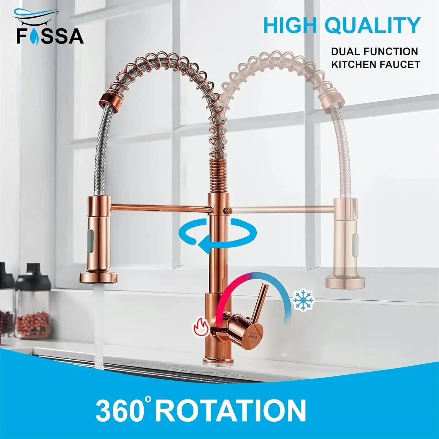 Spring Kitchen Sink Mixer Tap Faucet with Pull-Down Sprayer  360° Hot & cold Rose gold - Image 3