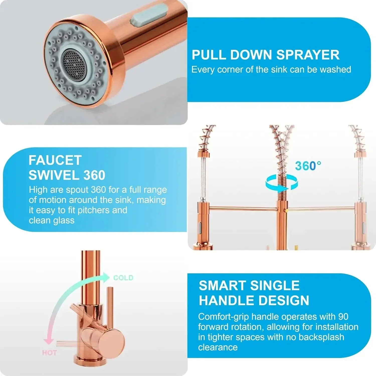 Spring Kitchen Sink Mixer Tap Faucet with Pull-Down Sprayer  360° Hot & cold Rose gold - Image 5