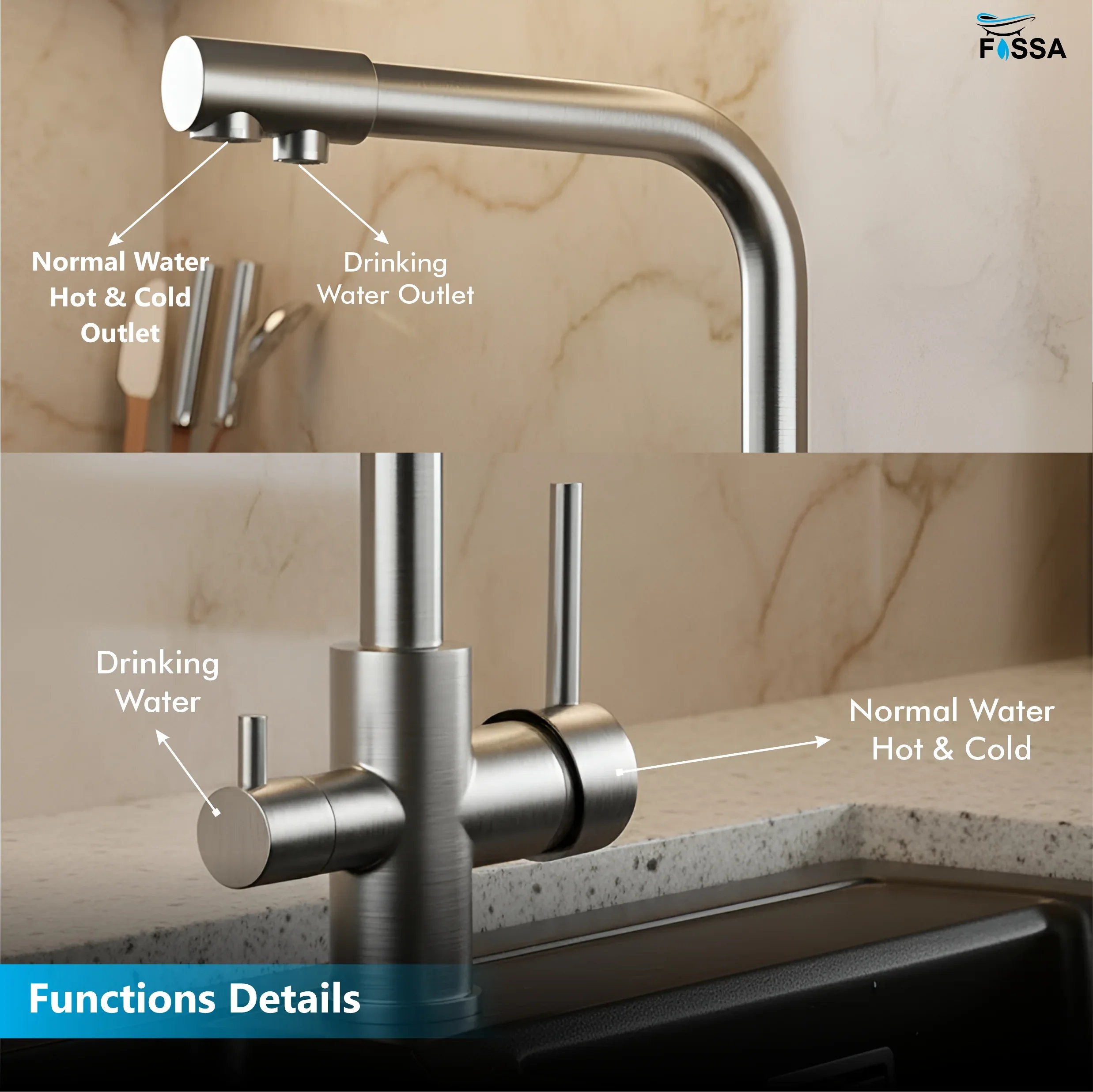 3-in-1 Brass Stainless Steel Kitchen Mixer Faucet with RO Drinking Water Tap Silver - Image 4