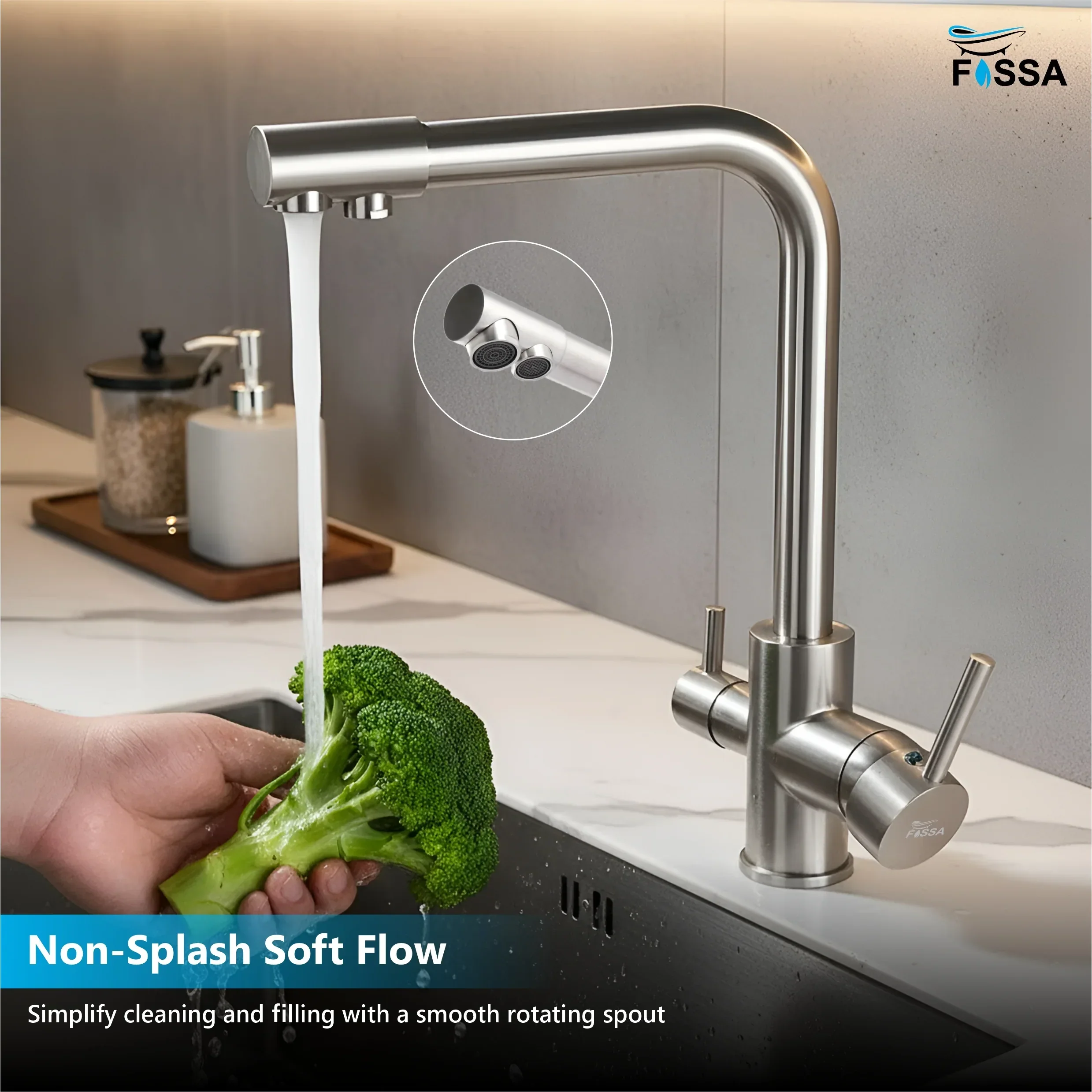 3-in-1 Brass Stainless Steel Kitchen Mixer Faucet with RO Drinking Water Tap Silver - Image 6