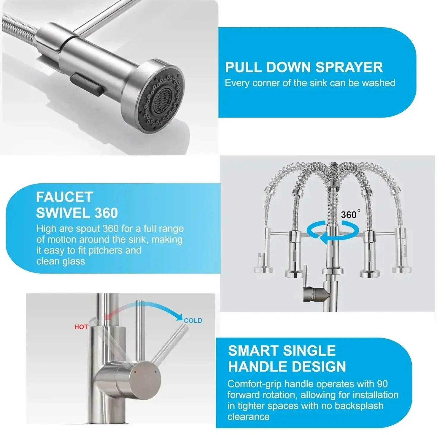 Single-Flow Pull-Down 360° Hot & Cold Brushed Nikal Kitchen Mixer Faucet Silver - Image 2
