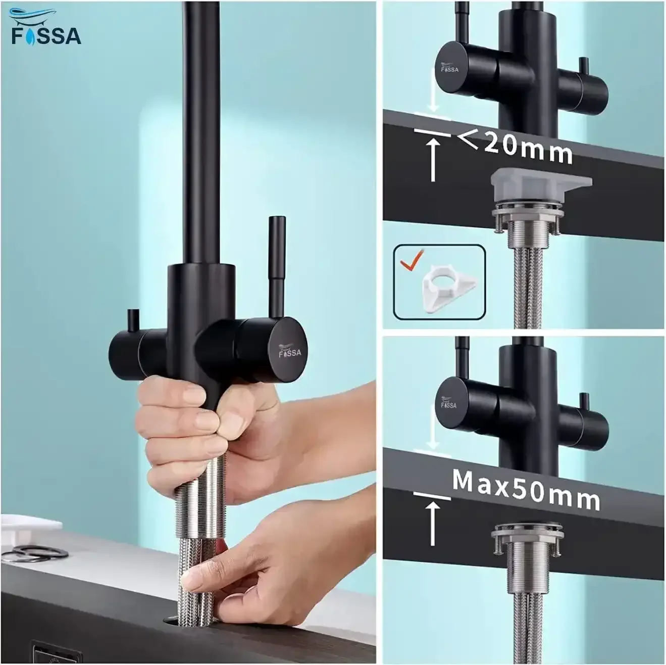 Fossa 3-Way Kitchen Tap, 360° Swivel, Kitchen Mixer Tap for, 3-in-1 High Pressure Tap, Drinking Tap with Hot & Cold Water - Image 3