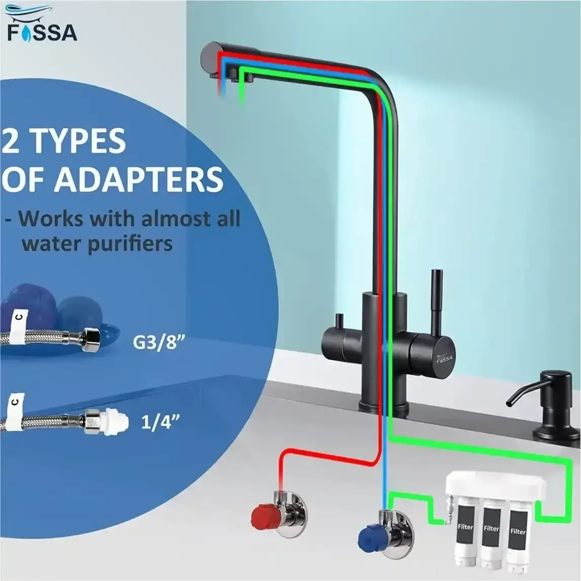 Fossa 3-Way Kitchen Tap, 360° Swivel, Kitchen Mixer Tap for, 3-in-1 High Pressure Tap, Drinking Tap with Hot & Cold Water - Image 4