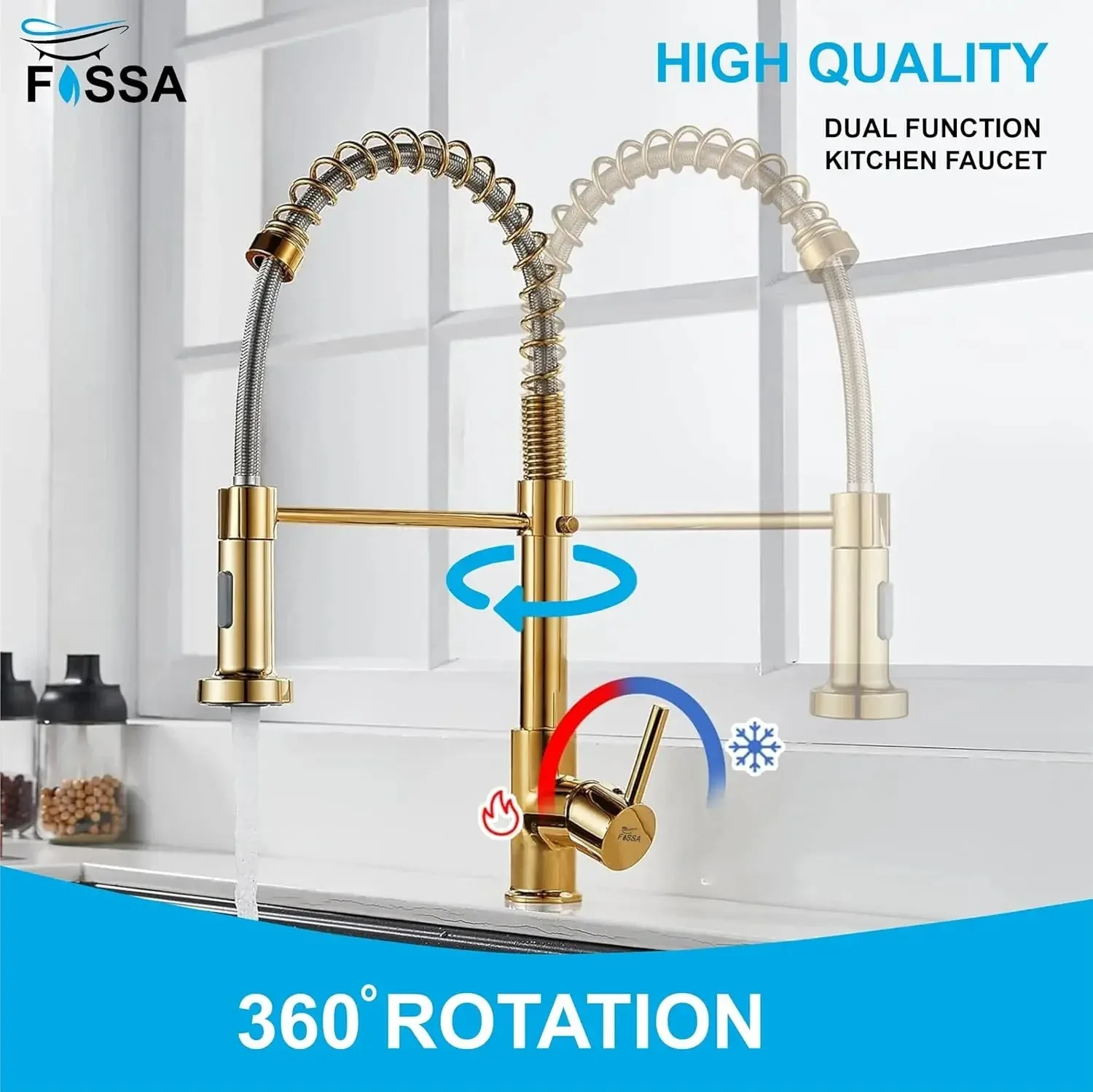 Spring Kitchen Sink Mixer Tap with Pull-Down Sprayer 360° Swivel Hot & Cold Gold Finish - Image 2