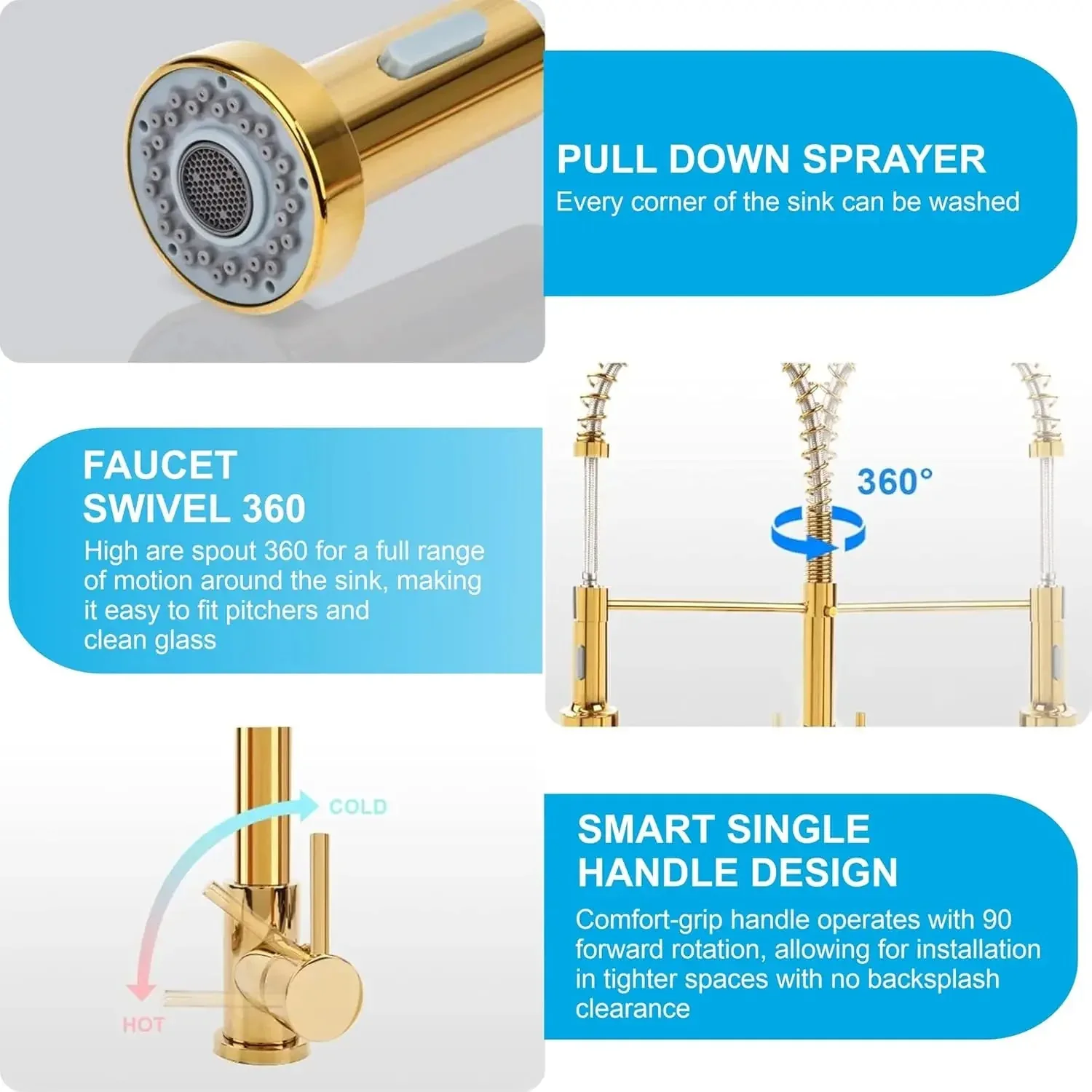 Spring Kitchen Sink Mixer Tap with Pull-Down Sprayer 360° Swivel Hot & Cold Gold Finish - Image 3