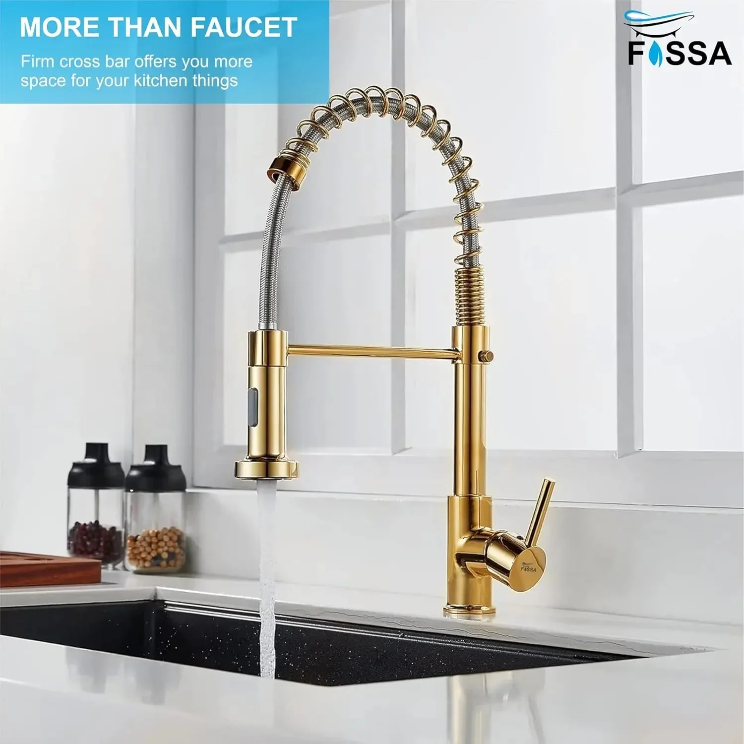 Spring Kitchen Sink Mixer Tap with Pull-Down Sprayer 360° Swivel Hot & Cold Gold Finish - Image 4