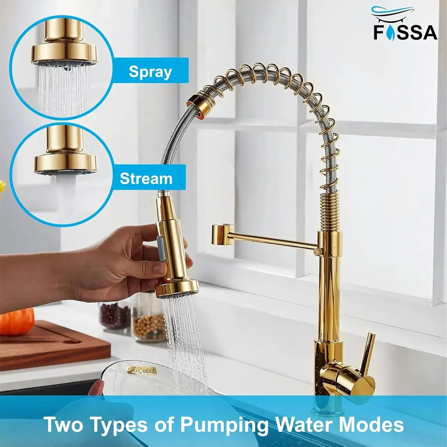 Spring Kitchen Sink Mixer Tap with Pull-Down Sprayer 360° Swivel Hot & Cold Gold Finish - Image 5