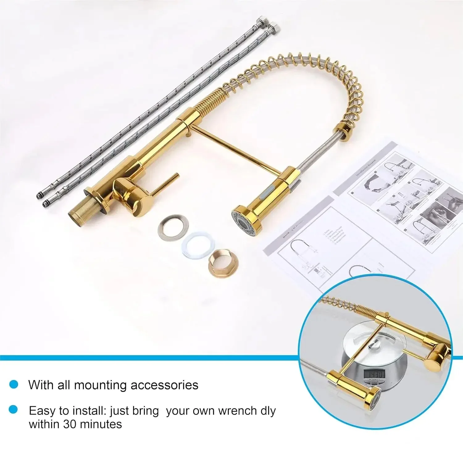 Spring Kitchen Sink Mixer Tap with Pull-Down Sprayer 360° Swivel Hot & Cold Gold Finish - Image 6
