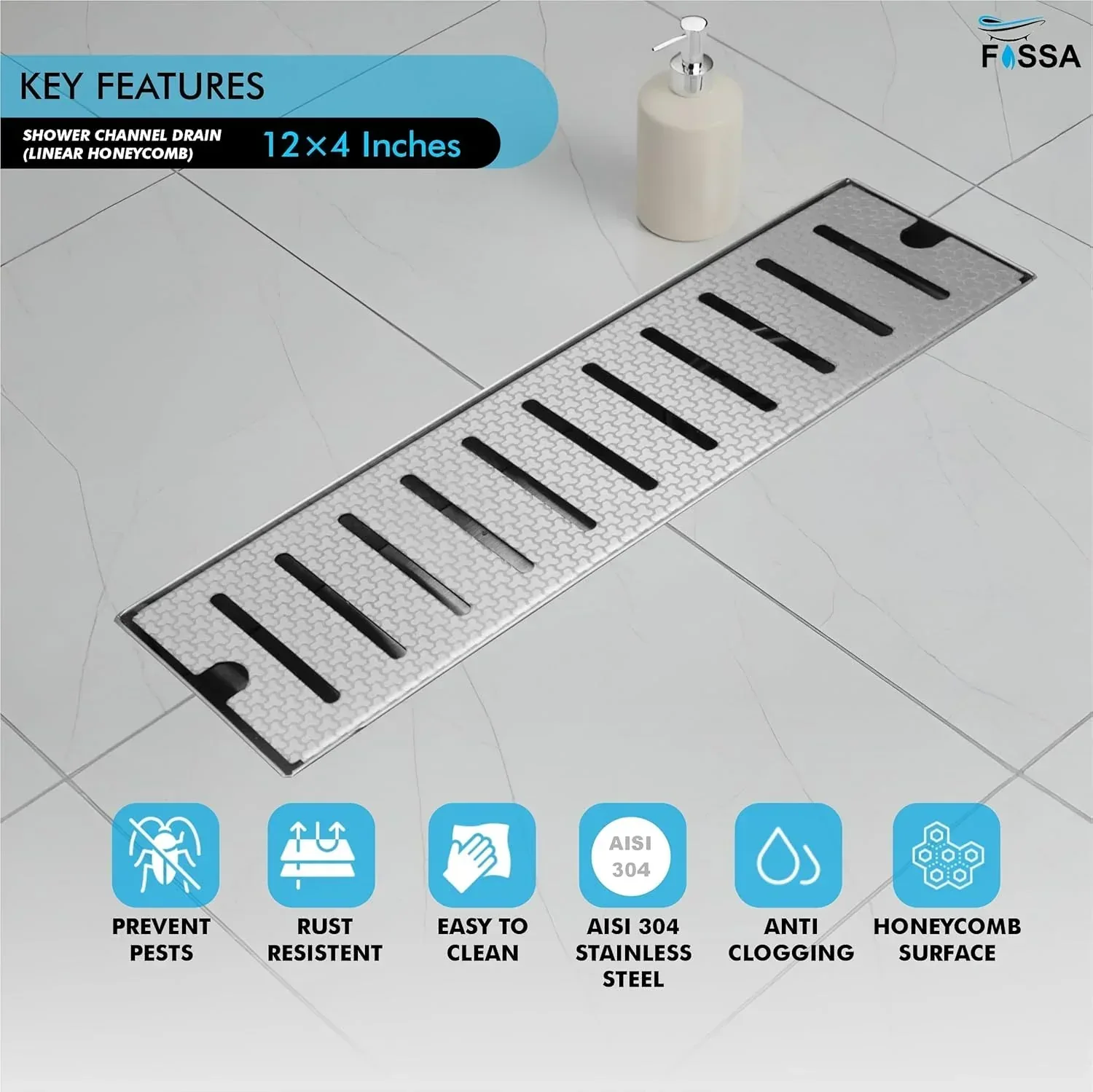 Linear (12x 4 Inches) Honeycomb Shower Drain Channel With Side Hole AISI 304 Stainless Steel - Image 6
