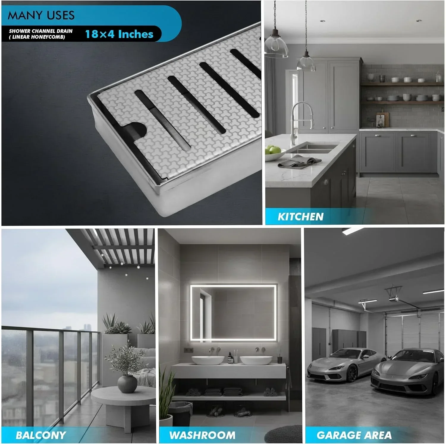 Linear (18 x 4 Inches) Honeycomb Shower Drain Channel With Side Hole AISI 304 Stainless Steel - Image 3