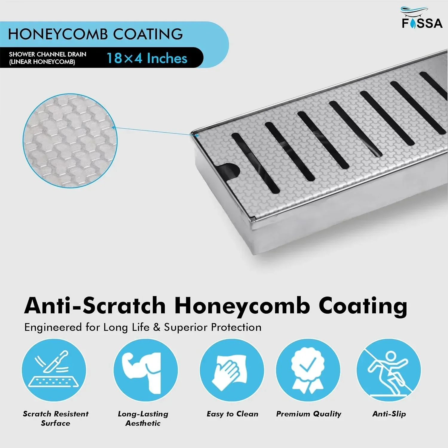 Linear (18 x 4 Inches) Honeycomb Shower Drain Channel With Side Hole AISI 304 Stainless Steel - Image 4