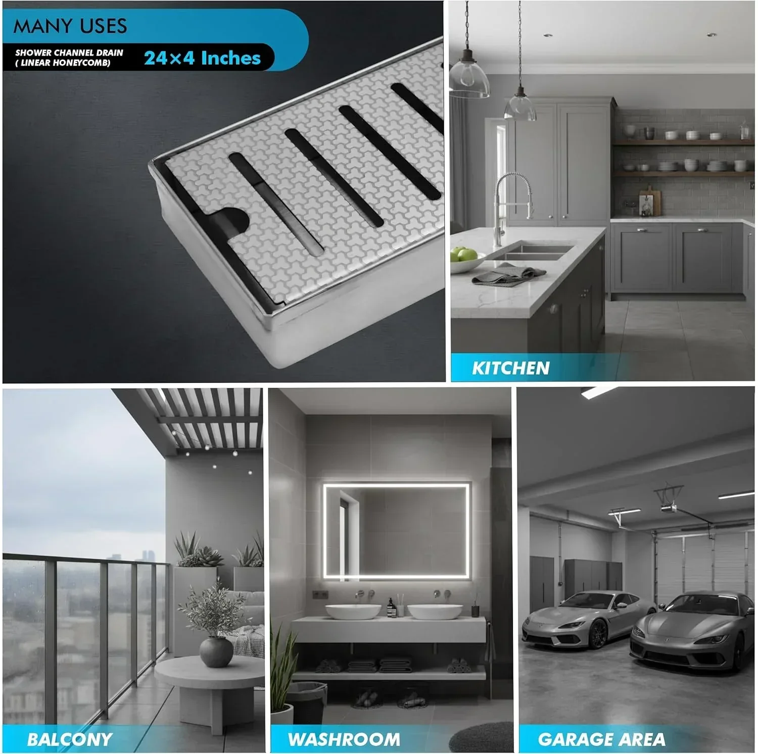 Linear (24 x 4 Inches) Honeycomb Shower Drain Channel With Side Hole AISI 304 Stainless Steel - Image 4