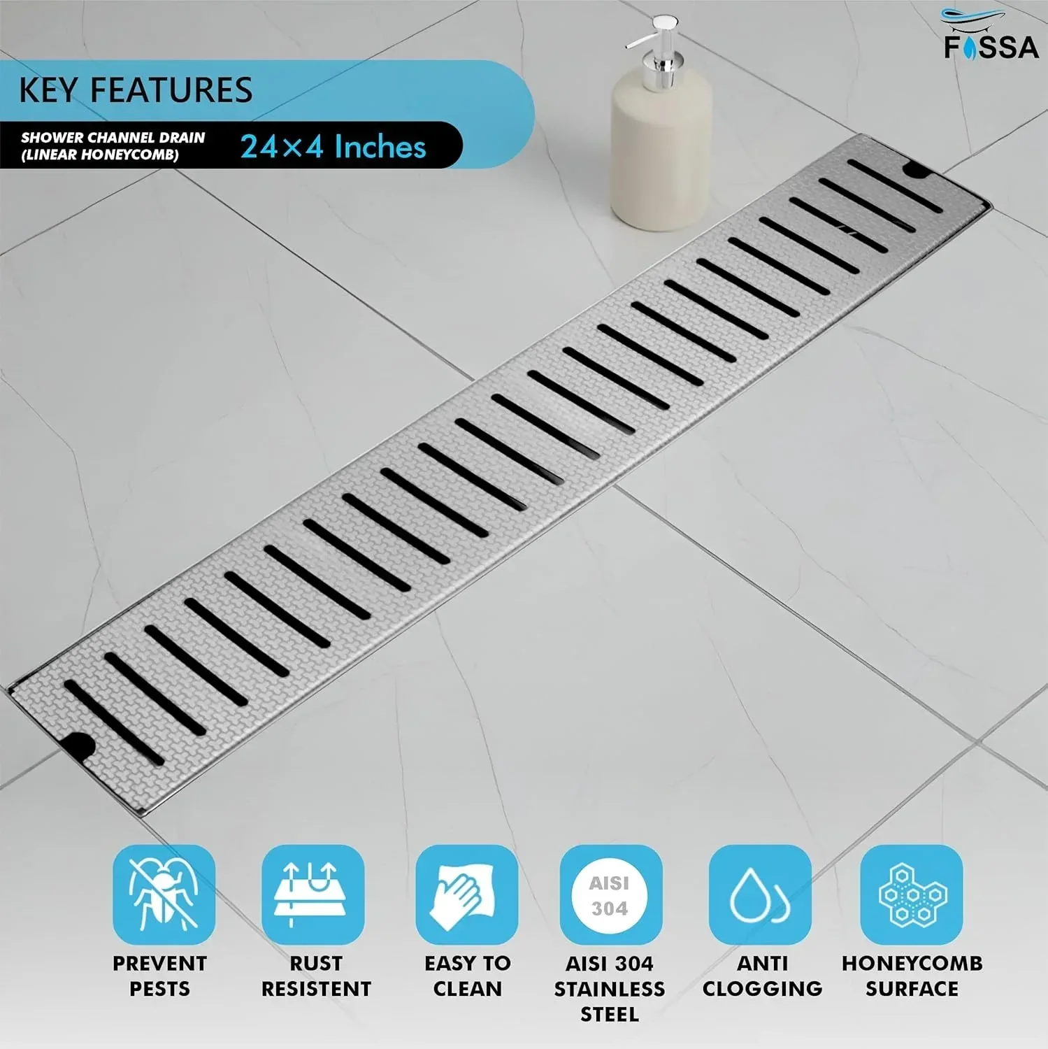 Linear (24 x 4 Inches) Honeycomb Shower Drain Channel With Side Hole AISI 304 Stainless Steel - Image 6