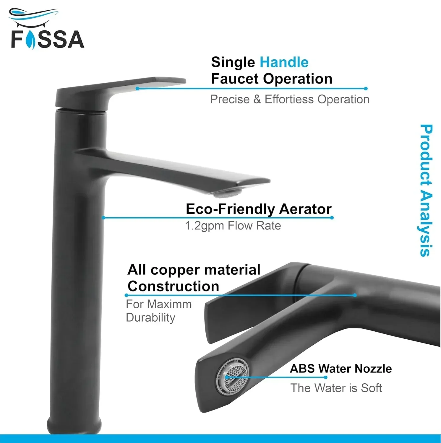Opera Extended Body Brass Wash Basin Mixer Tap (Black) - Image 6