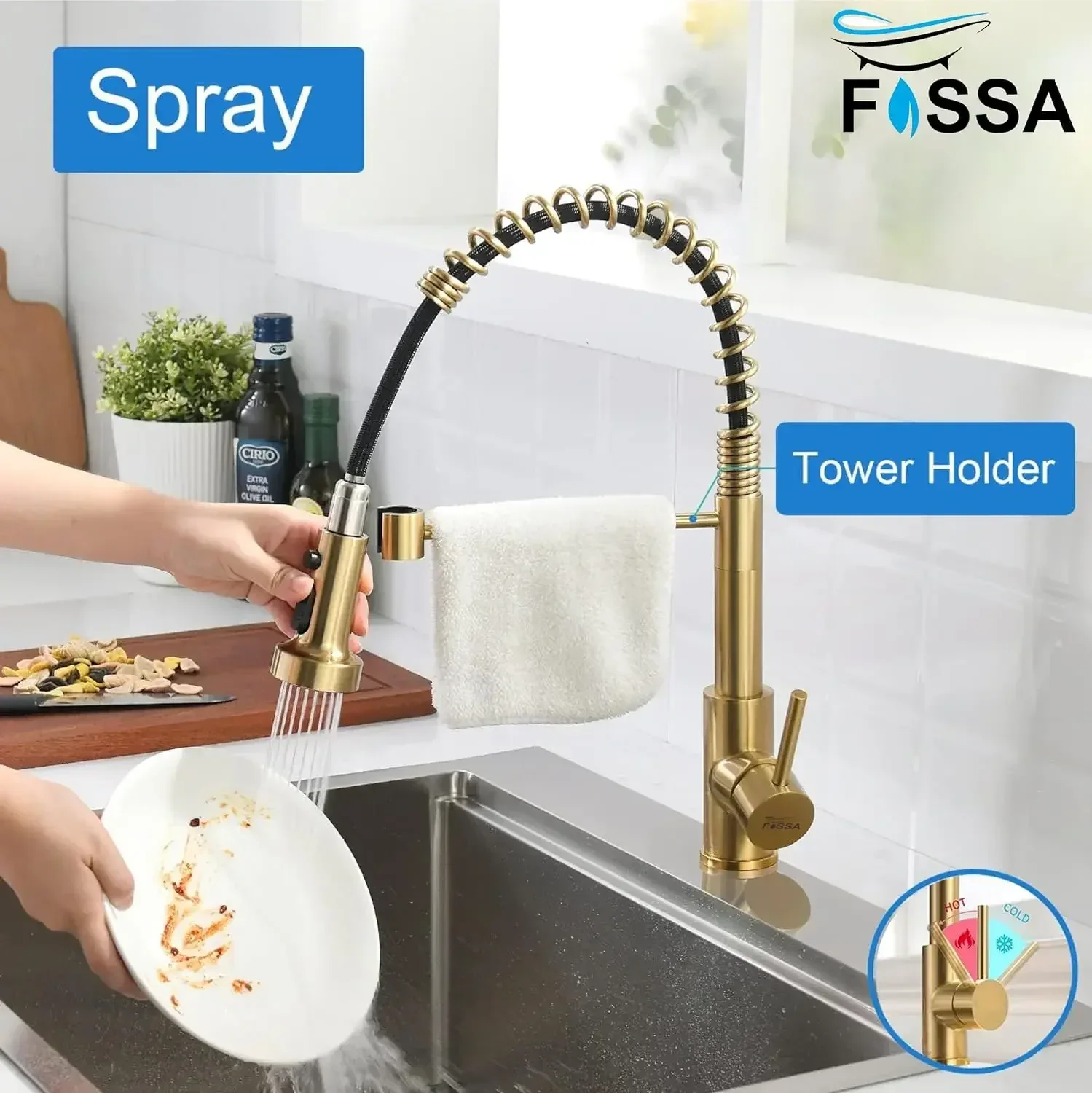 Single-Flow Pull-Down 360° Hot & Cold Brushed Nikal Kitchen Mixer Faucet Gold - Image 4