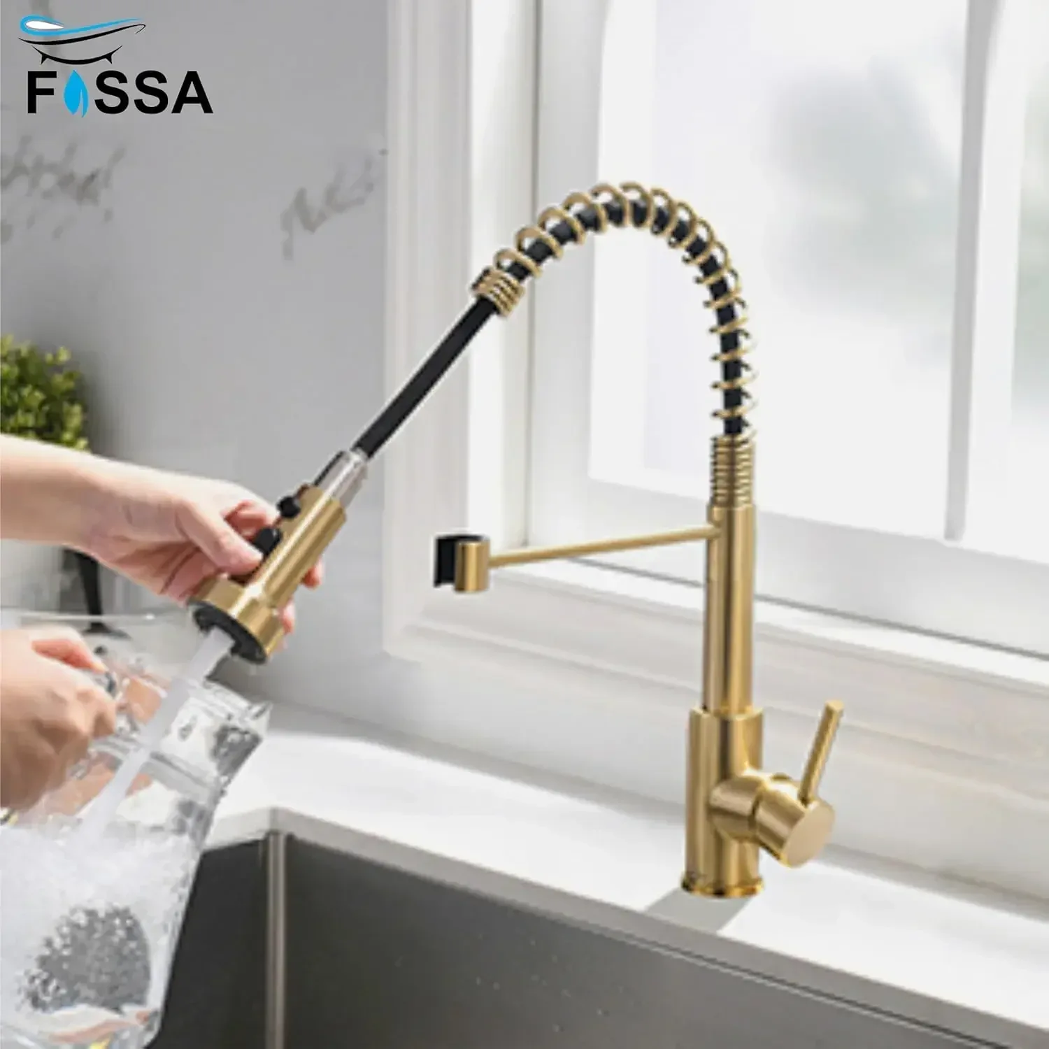 Single-Flow Pull-Down 360° Hot & Cold Brushed Nikal Kitchen Mixer Faucet Gold - Image 5