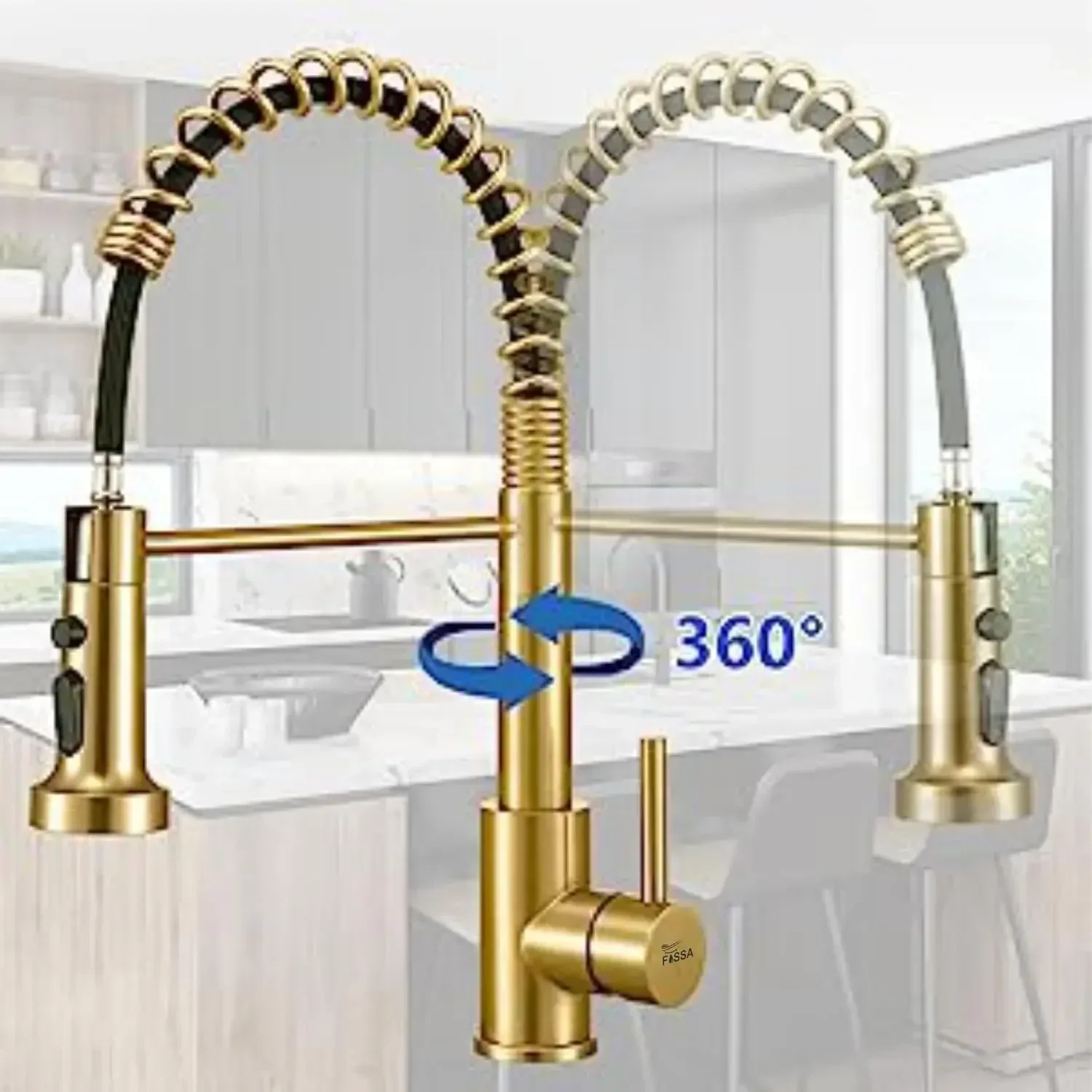Single-Flow Pull-Down 360° Hot & Cold Brushed Nikal Kitchen Mixer Faucet Gold - Image 6