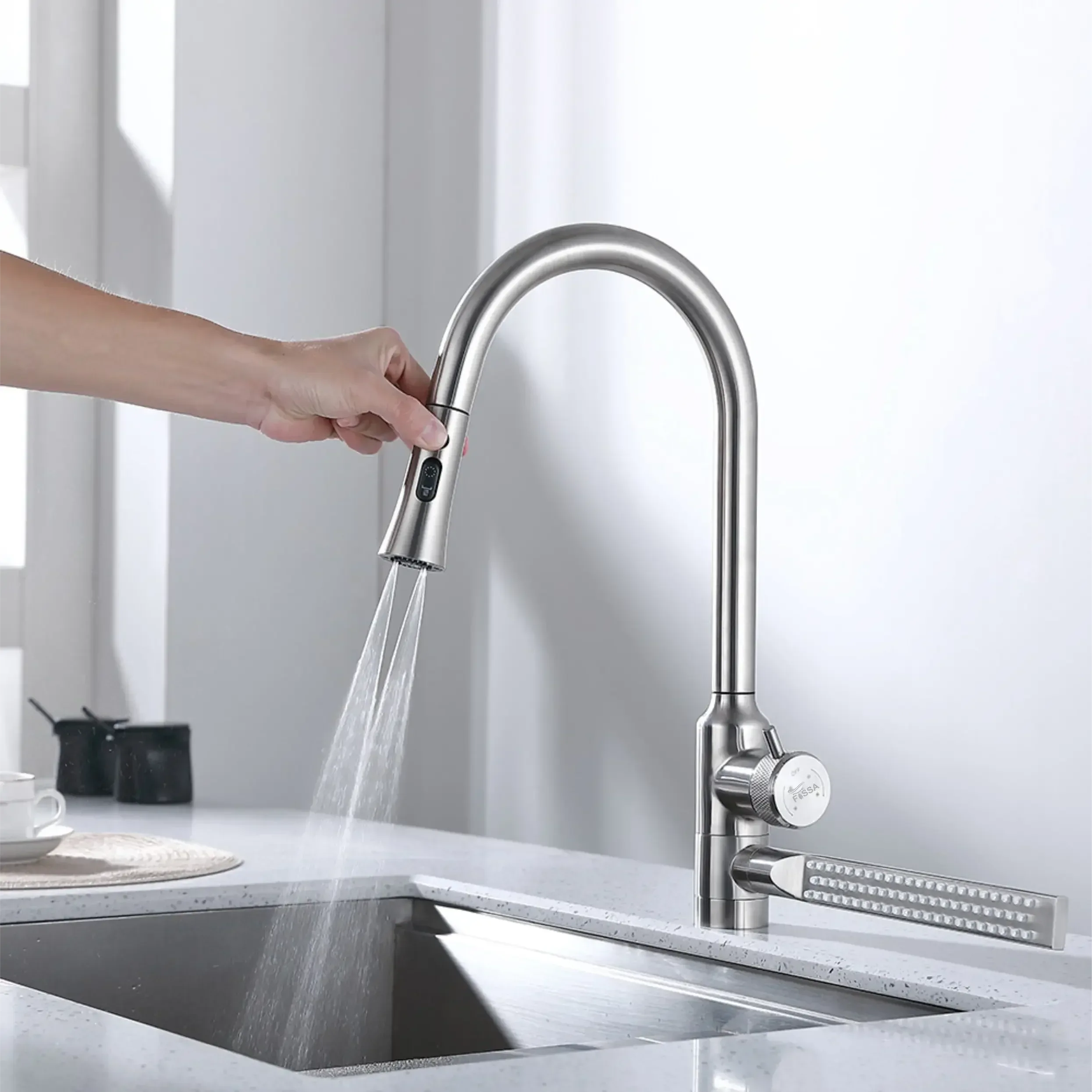 Waterfall Four-Flow 360° Hot & Cold Stainless Steel Kitchen Mixer Faucet Silver