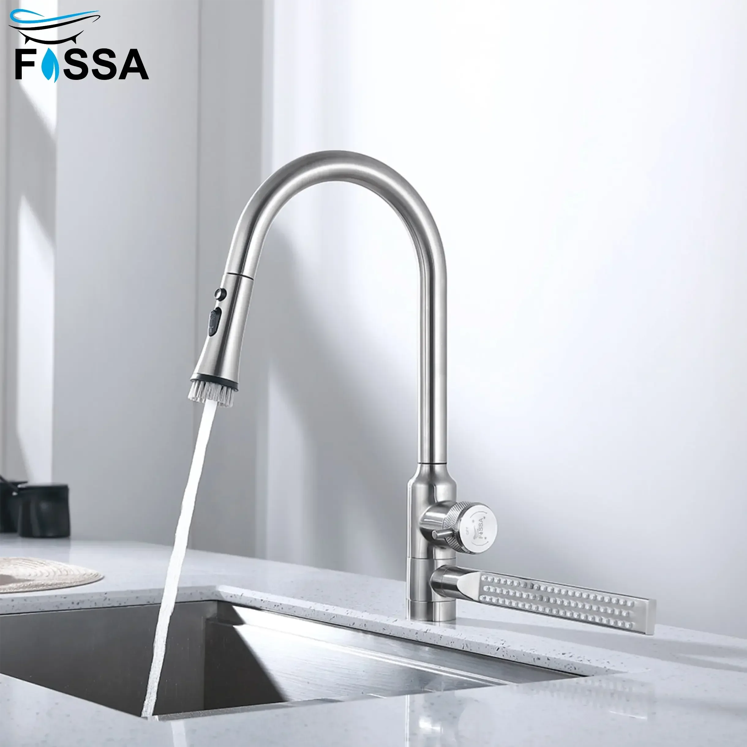 Waterfall Four-Flow 360° Hot & Cold Stainless Steel Kitchen Mixer Faucet Silver - Image 2