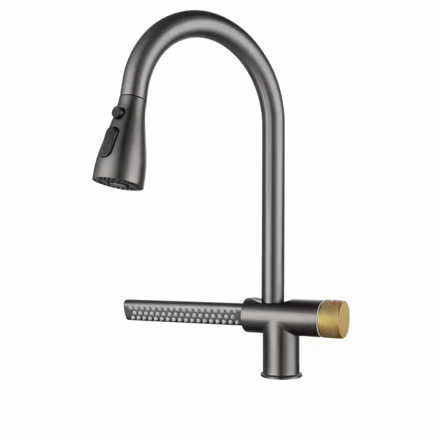 Waterfall Pull Out Four-Flow 360° Hot & Cold Stainless Steel Kitchen Mixer Faucet Black Grey