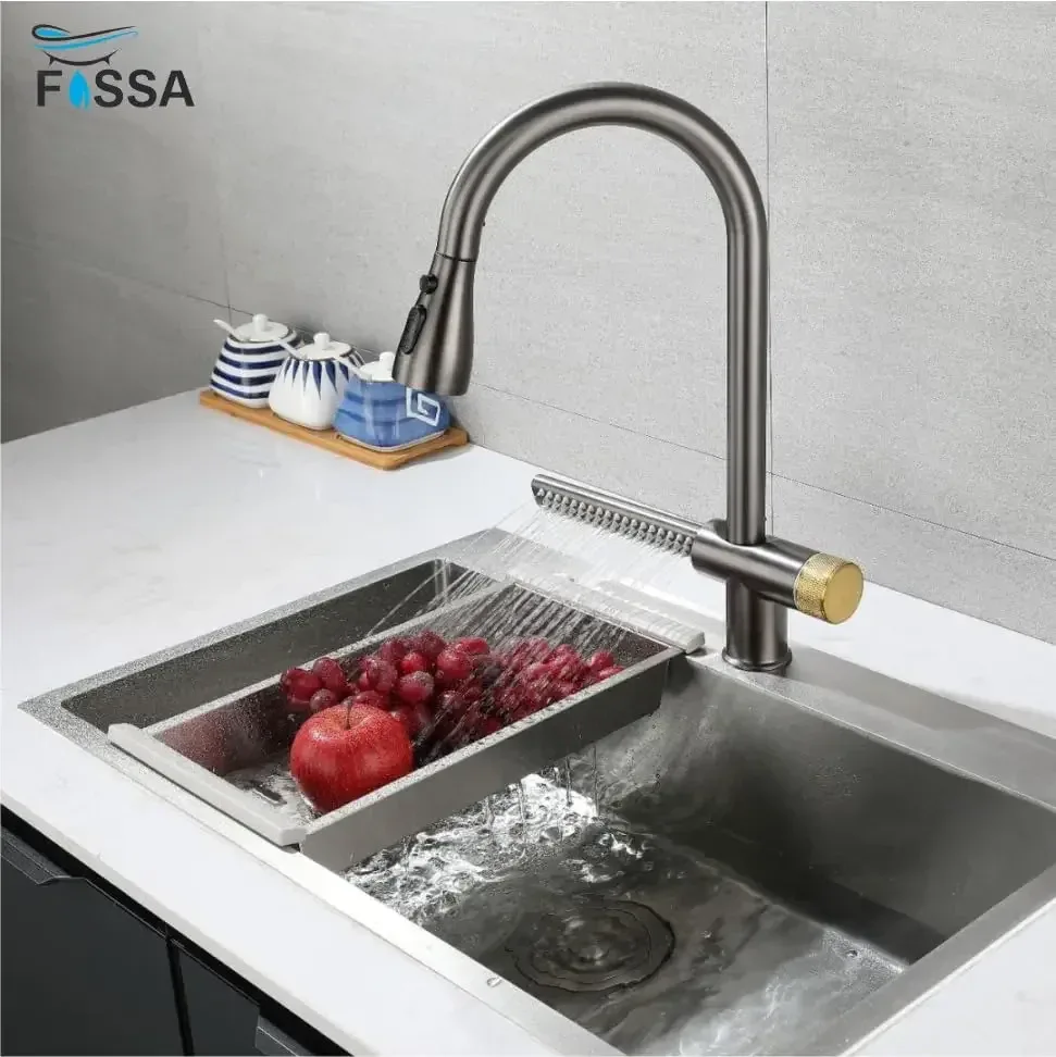 Waterfall Pull Out Four-Flow 360° Hot & Cold Stainless Steel Kitchen Mixer Faucet Black Grey - Image 2