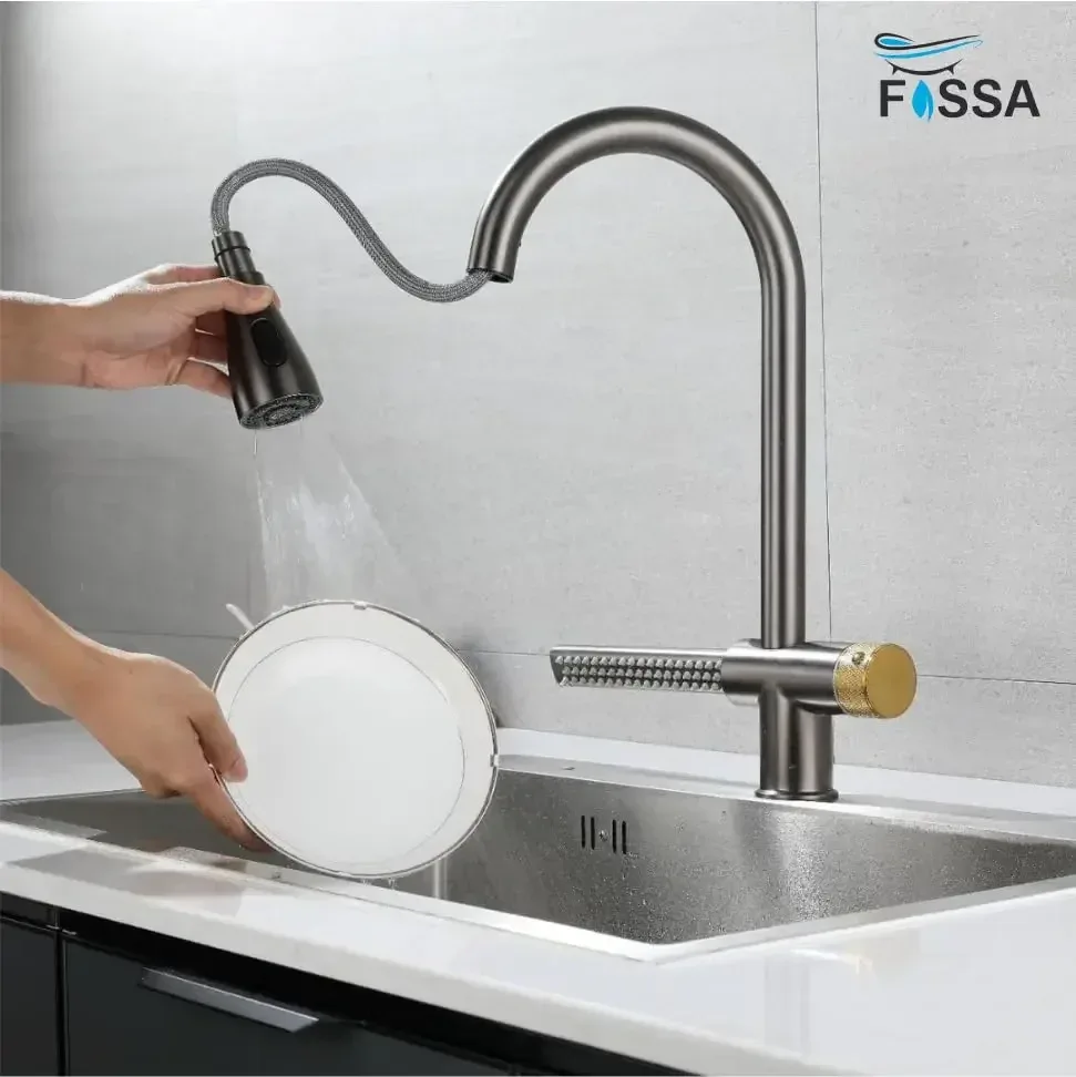 Waterfall Pull Out Four-Flow 360° Hot & Cold Stainless Steel Kitchen Mixer Faucet Black Grey - Image 3