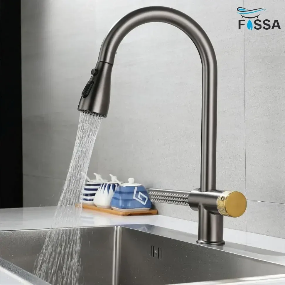 Waterfall Pull Out Four-Flow 360° Hot & Cold Stainless Steel Kitchen Mixer Faucet Black Grey - Image 4