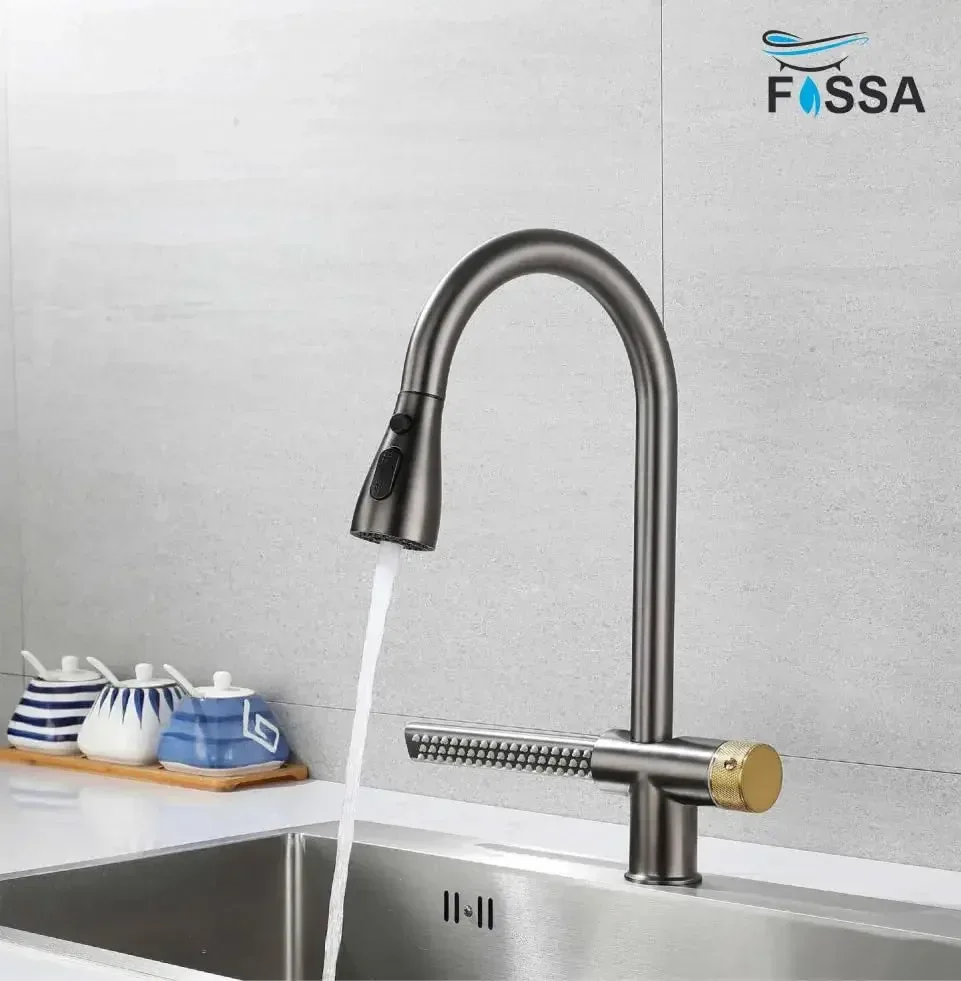Waterfall Pull Out Four-Flow 360° Hot & Cold Stainless Steel Kitchen Mixer Faucet Black Grey - Image 5